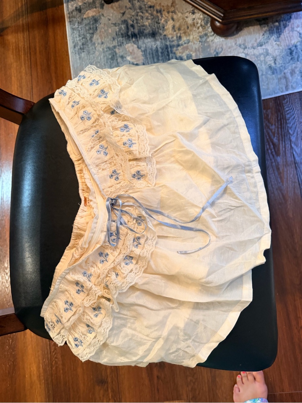 Free People Cream Eyelet Lace Peasant Crop Top  strapless with Blue Embroidery